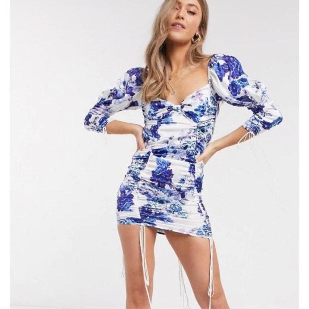 For Love And Lemons Hyacinth ruched White Blue floral satin mini Dress